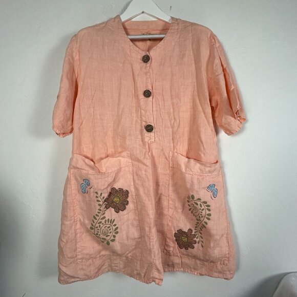 1633 Womens Hand Painted Floral Art To Wear Oversized Tunic Blouse Medium Peach - Picture 1 of 7